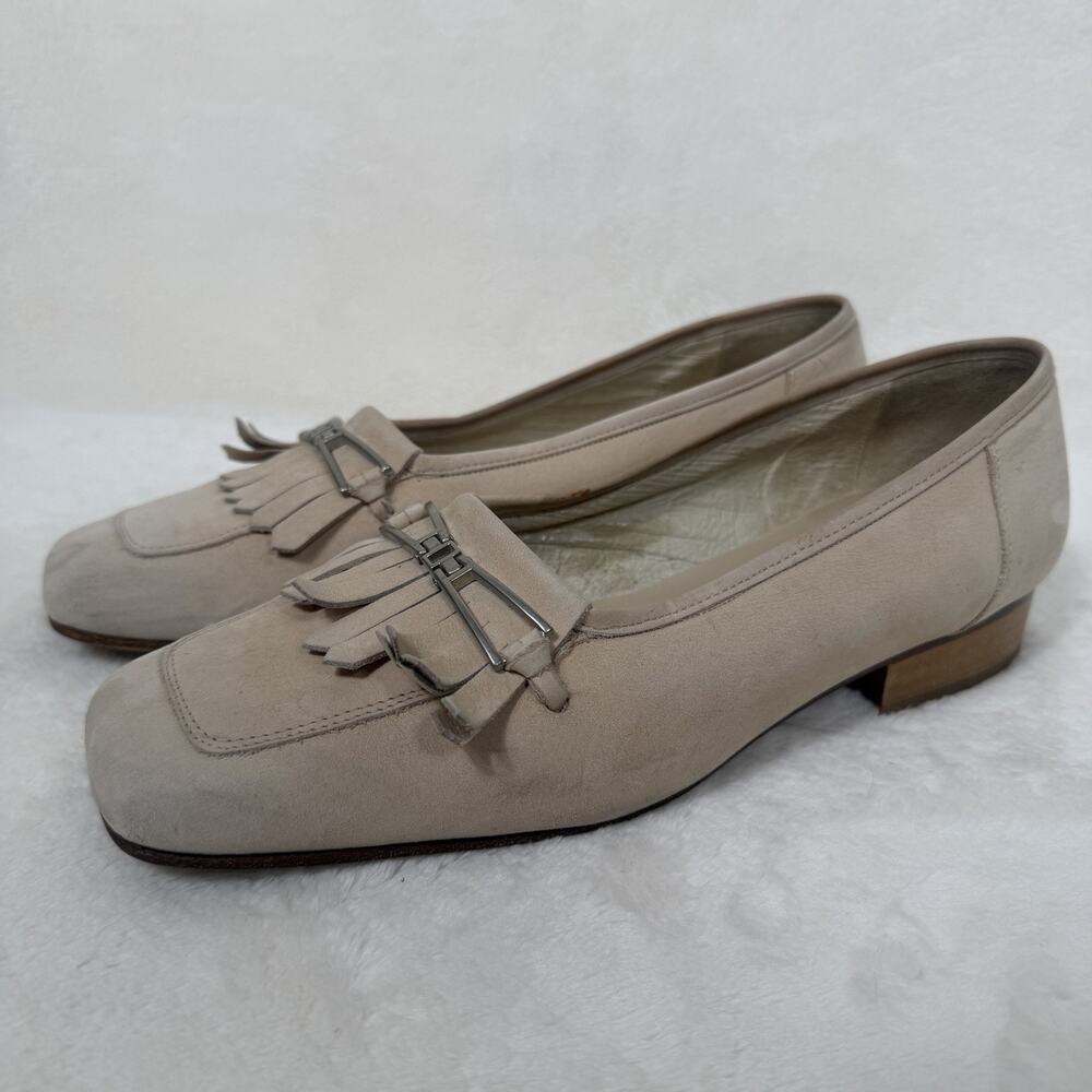 Amalfi Italy Beige Suede Loafers Fringe Tassel Square Toe Leather Sole Size 8